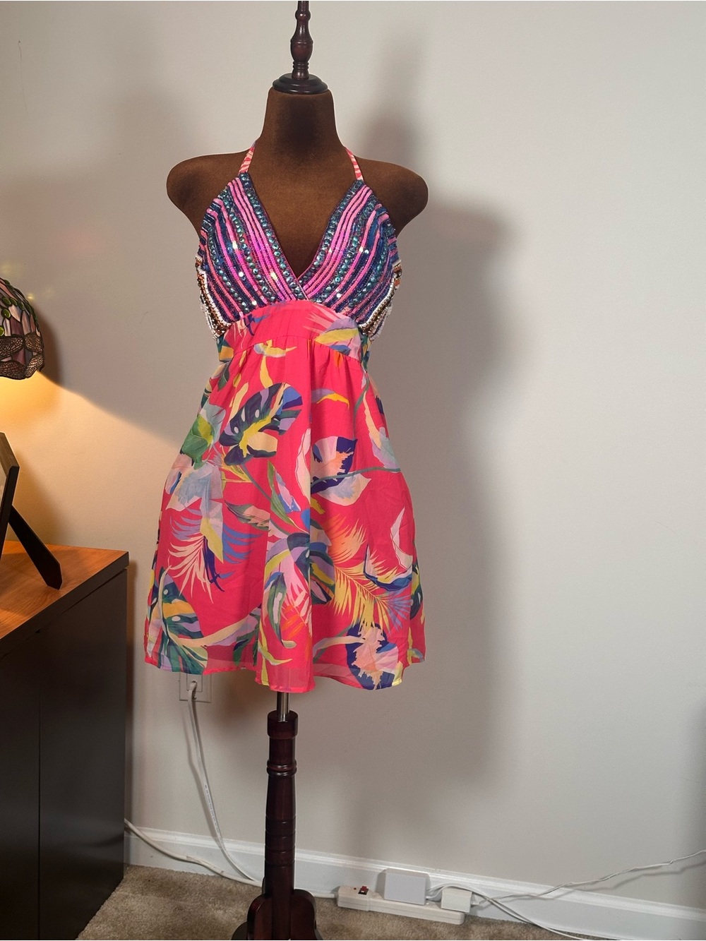 Boston Proper Pink Tropical Halter Mini Dress with Beaded Bodice